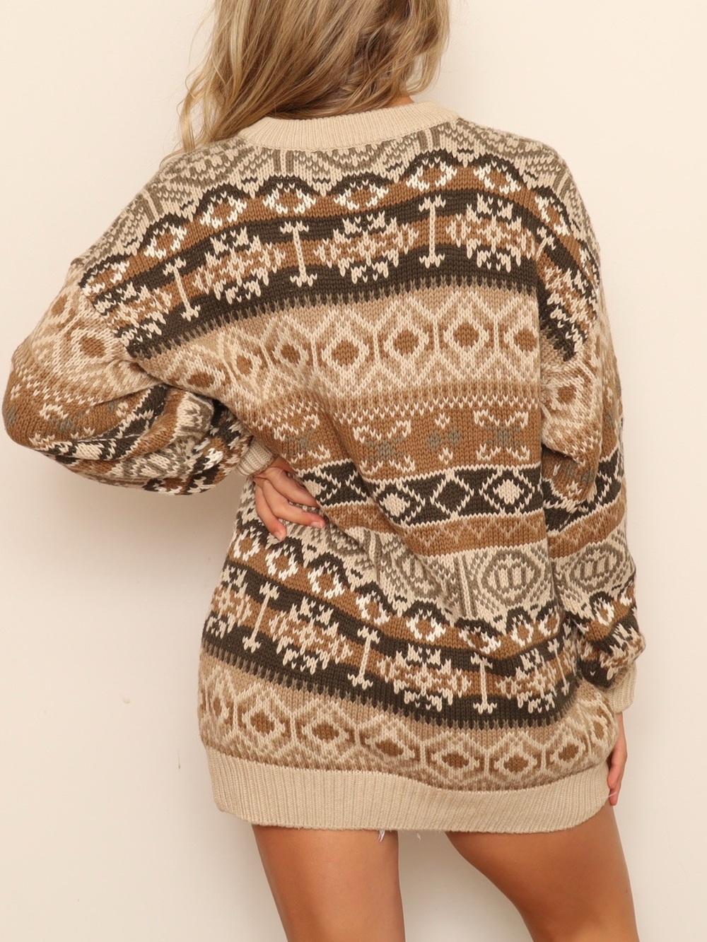 Vintage Grandpa Sweater 100% Cotton Beige & Brown Patterned Crewneck Sweater - Picture 2 of 4